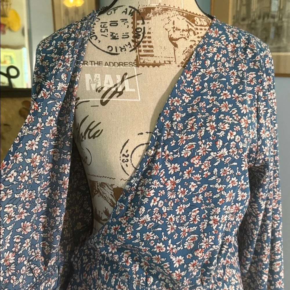 Elings Blue and Cream Floral Wrap Midi Dress Long Sleeve Boho Cottagecore Small